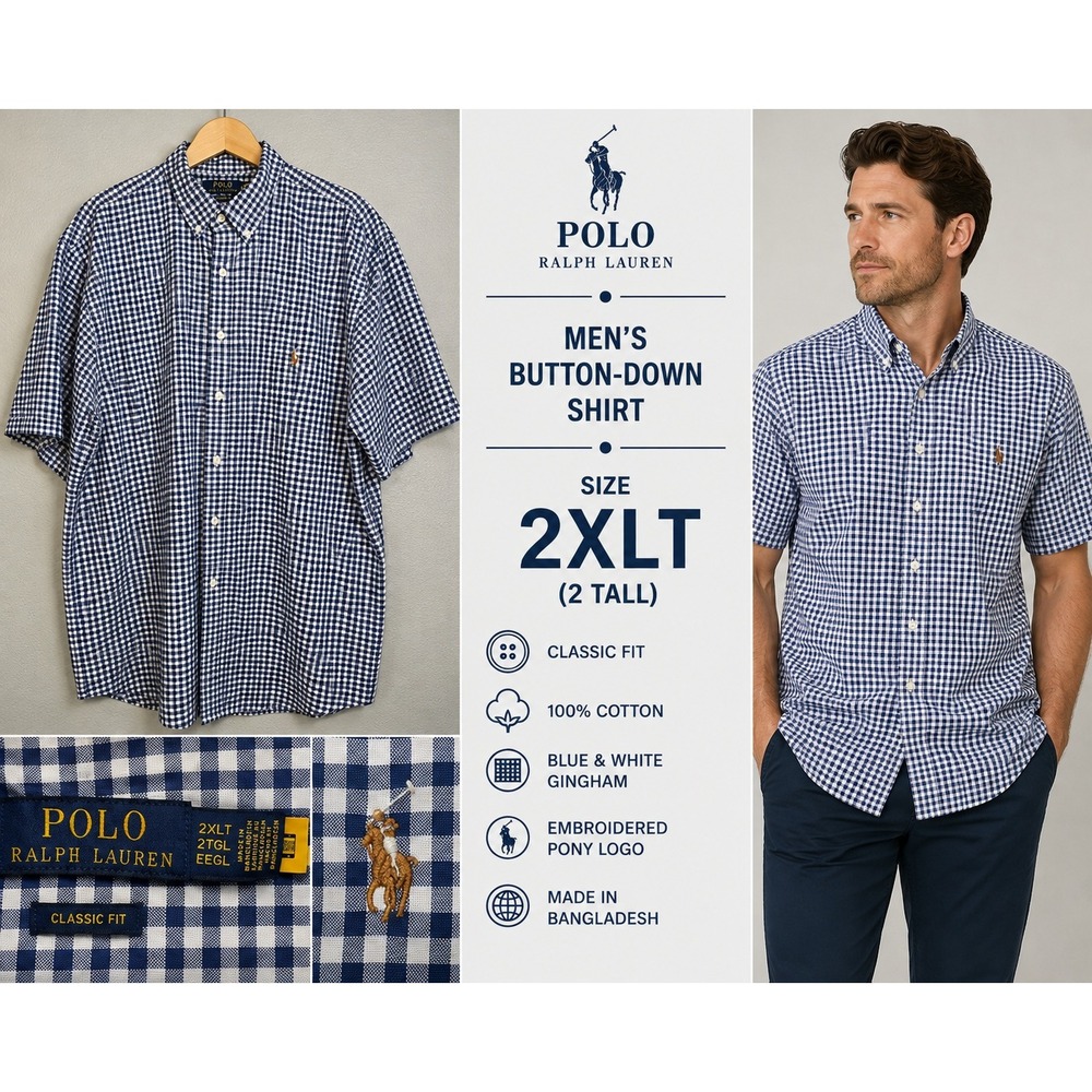 Polo Ralph Lauren Gingham Button Down Shirt Mens 2XLT Blue White Classic Fit S/S